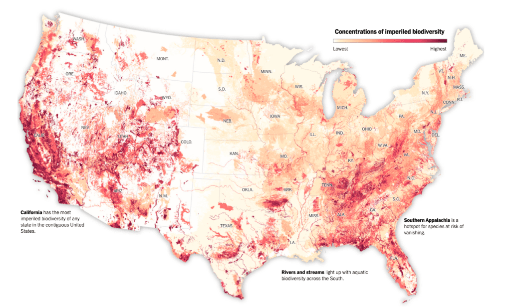 A map showing where Biodiversity is most at risk in America.