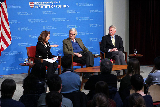 Image of moderator Linda J. Bilmes (from left) discusses with Edward O. Wilson and Jonathan B. Jarvis about Wilson’s proposal to set aside half the Earth’s land and oceans for conservation.