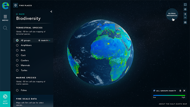 Screenshot of the Half-Earth Map showing the biodiversity page.