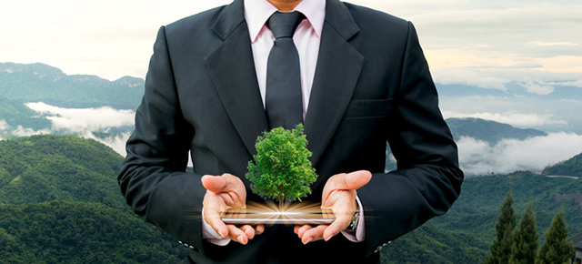 Image of a person in a suit holding a tablet with a tree coming out of it.