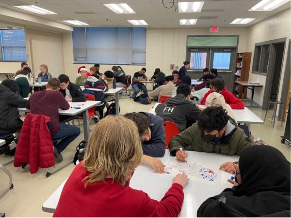 Students working on the Half-Earth map at Edison High School.