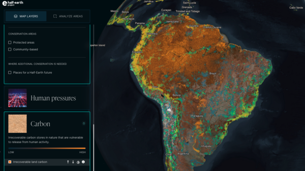 Screenshot from the Half-Earth Map showing the "Human pressures" section across South America.