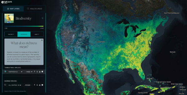 Screenshot from the Half-Earth Map showing the "What does richness mean" section across North America.