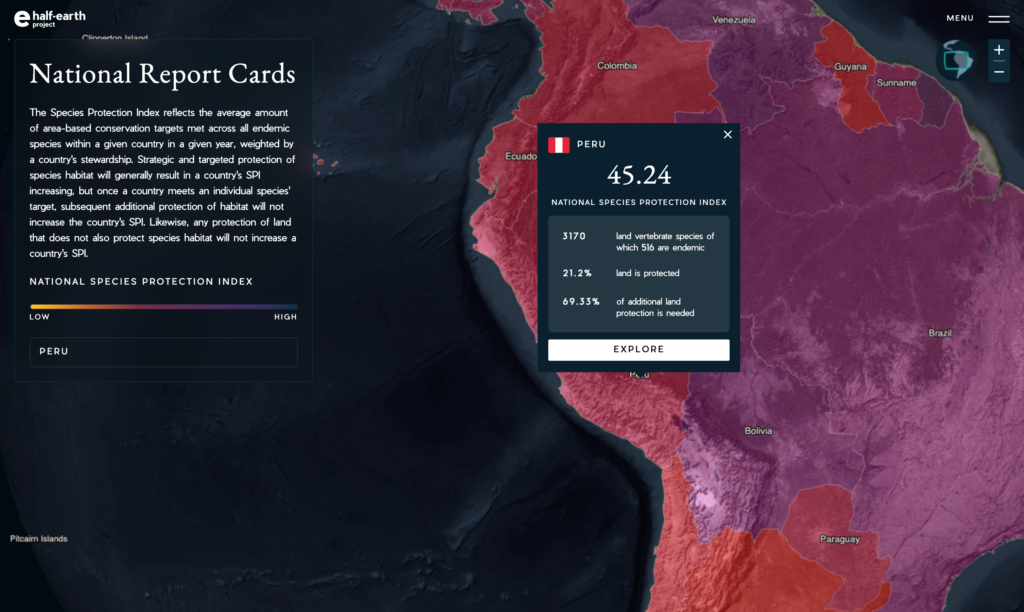 A screenshot of the Half-Earth Map National Report Card for Peru.