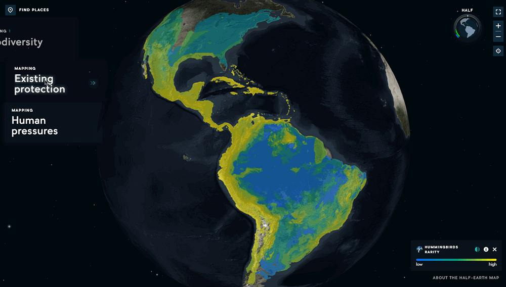 Image of the Half-Earth map showing selected data layers are identified by a coloured spot in the menu.