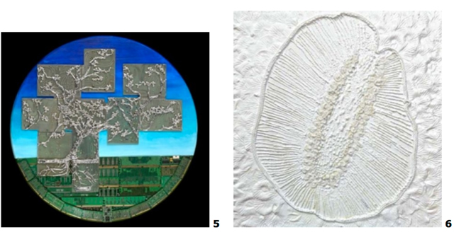 Two images of (5) Angela Gonzalez’s mixed-media artwork, BIOS – Basic Input Output System, heralds the life-sustaining systems of trees and the necessity for a balance between people, planet, and profit.

(6) Gina Duque’s mixed-media works on canvas celebrate the structure and power of seeds to sustain human civilizations with their common ability to survive long periods in dry, barren lands.