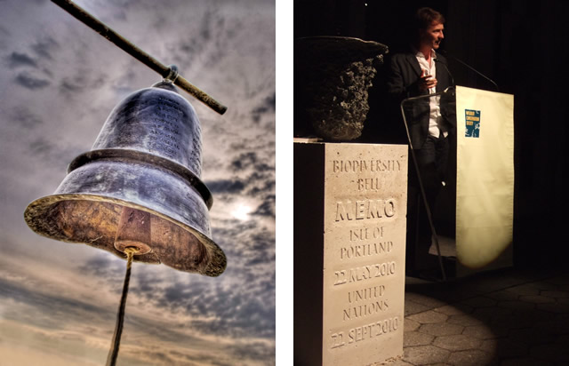 above left: MEMO bells designed and cast on-site on Portland by sculptor Marcus Vergette. above right: Edward Norton, UN ambassador for Biodiversity with MEMO bell. New York 2010.