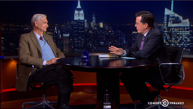 Image of E.O. Wilson and Stephen Colbert on "The Colbert Report".