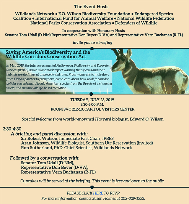 Event flyer for Saving America's Biodiversity and the Wildlife Corridors Conservation Act on July 23, 2019.