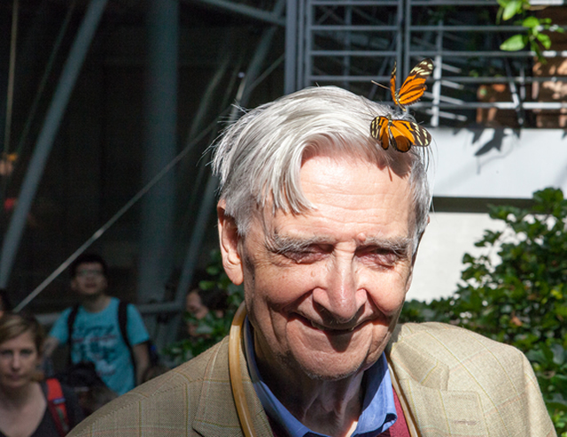 E.O. Wilson with a butterfly on his head.