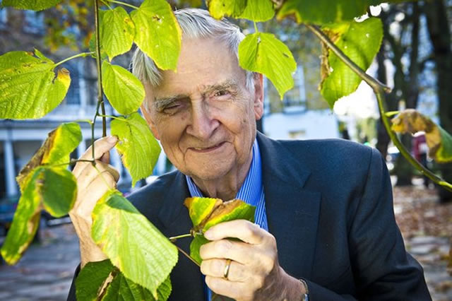 Image of E.O. Wilson with leaves. 