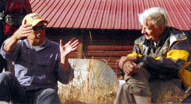 Image of Mike Phillips and Edward O. Wilson on Flying D Ranch in Montana. 
