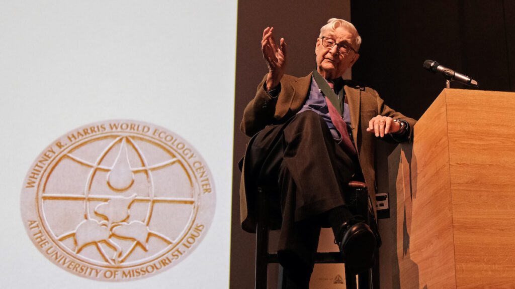 Image of Edward O. Wilson answers questions from the audience after receiving the World Ecology Award from the Whitney R. Harris World Ecology Center at the University of Missouri–St. Louis Friday night in the Anheuser-Busch Theatre at the Saint Louis Zoo.