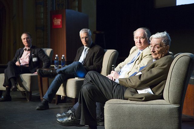 Image of Thomas Lovejoy, Louie Psihoyos, John Seager and Edward O. Wilson on stage.