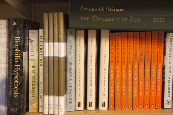 All of E.O. Wilson's published books on a shelf.