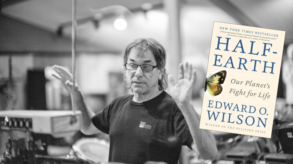 Mickey Hart standing with the Half-Earth book cover added to the image.