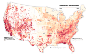 A map showing where Biodiversity is most at risk in America.