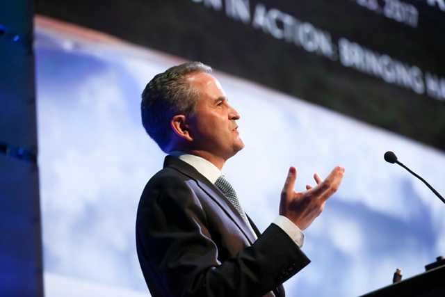 Jonathan Baillie, chief scientist and senior vice president of science and exploration at the National Geographic Society, gives opening remarks at the planet’s first-ever Half-Earth Day. The inaugural event was co-convened by National Geographic and the E. O. Wilson Biodiversity Foundation and held at the National Geographic Society in Washington, D.C. on Oct. 23, 2017. Photo by Tony Powell/National Geographic.