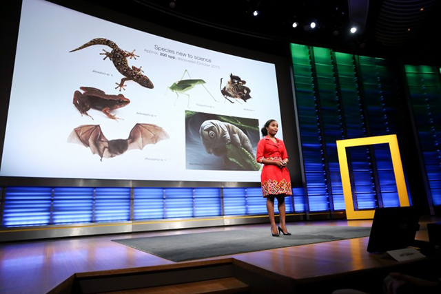 Dominique Gonçalves of the Gorongosa Restoration Project presents at the planet’s first-ever Half-Earth Day. The inaugural event was co-convened by National Geographic and the E. O. Wilson Biodiversity Foundation and held at the National Geographic Society in Washington, D.C. on Oct. 23, 2017. Photo by Tony Powell/National Geographic.