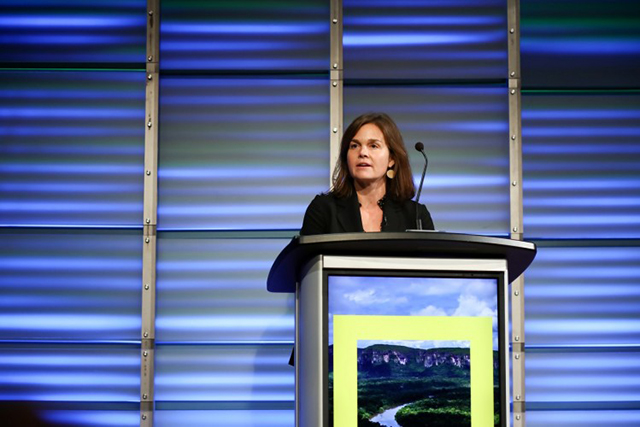 Alison Fox, president of the American Prairie Reserve, presents at the planet’s first-ever Half-Earth Day. The inaugural event was co-convened by National Geographic and the E. O. Wilson Biodiversity Foundation and held at the National Geographic Society in Washington, D.C. on Oct. 23, 2017. Photo by Tony Powell/National Geographic.