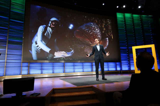 Enric Sala, National Geographic Explorer-in-Residence and founder of the Pristine Seas Project, presents at the planet’s first-ever Half-Earth Day. The inaugural event was co-convened by National Geographic and the E. O. Wilson Biodiversity Foundation and held at the National Geographic Society in Washington, D.C. on Oct. 23, 2017. Photo by Tony Powell/National Geographic.
