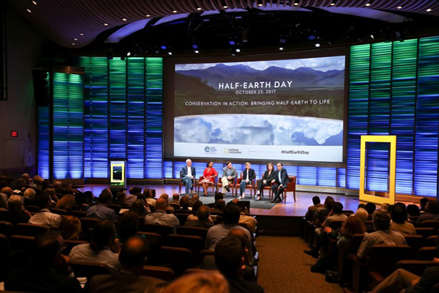 Panel from afternoon session of the planet’s first-ever Half-Earth Day. Moderator Jamie Shreeve (far left) sits with panelists (left to right) Dominique Gonçalves, Tom Butler, Alison Fox, and Enric Sala. The inaugural event was co-convened by National Geographic and the E. O. Wilson Biodiversity Foundation and held at the National Geographic Society in Washington, D.C. on Oct. 23, 2017. Photo by Tony Powell/National Geographic.