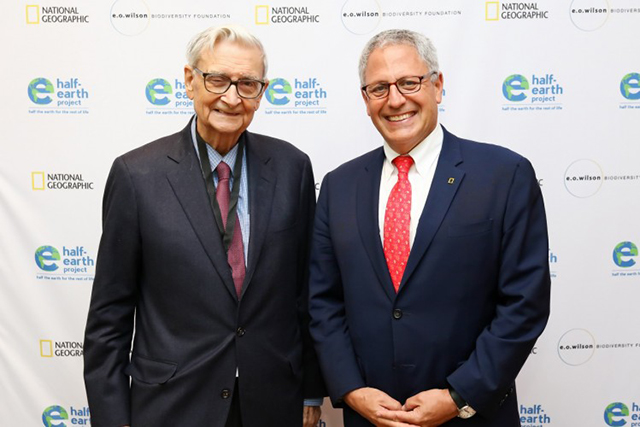 National Geographic Society president and CEO Gary E. Knell (right) stands with eminent Biologist Edward O. Wilson (left) at the planet’s first-ever Half-Earth Day. The inaugural event was co-convened by National Geographic and the E. O. Wilson Biodiversity Foundation and held at the National Geographic Society in Washington, D.C. on Oct. 23, 2017. Photo by Tony Powell/National Geographic.