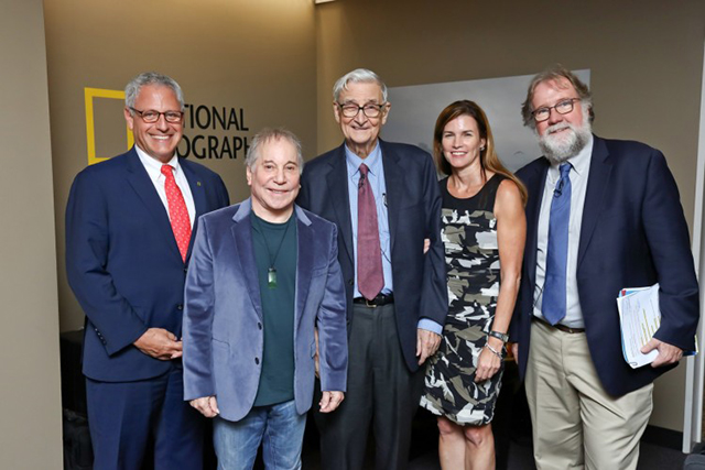 Speakers from the evening session of the planet’s first-ever Half-Earth Day. National Geographic Society president and CEO Gary E. Knell (far left) stands with presenters (left to right) legendary recording artist Paul Simon, eminent biologist Edward O. Wilson, E.O. Wilson Biodiversity Foundation president and CEO Paula Ehrlich, and scientist, author, and educator Sean B. Carroll. The inaugural event was co-convened by National Geographic and the E. O. Wilson Biodiversity Foundation and held at the National Geographic Society in Washington, D.C. on Oct. 23, 2017. Photo by Tony Powell/National Geographic.