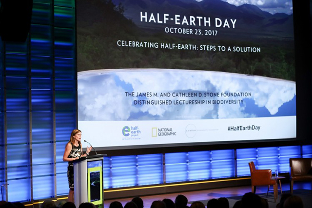 E.O. Wilson Biodiversity Foundation president and CEO Paula Ehrlich gives remarks at the evening session of the planet’s first-ever Half-Earth Day. The inaugural event was co-convened by National Geographic and the E. O. Wilson Biodiversity Foundation and held at the National Geographic Society in Washington, D.C. on Oct. 23, 2017. Photo by Tony Powell/National Geographic.