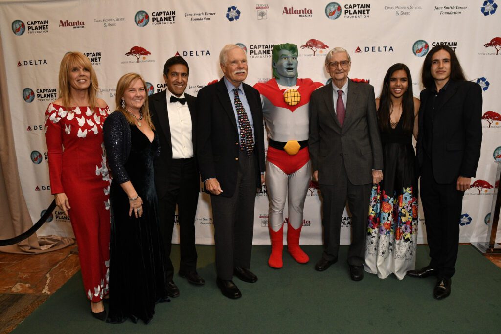 Image of Laura Seydel Turner, Rebecca Gupta, Sanjay Gupta, Ted Turner, Captain Planet, E.O. Wilson, Hanna Testa and Xiahyezcatl Martinez