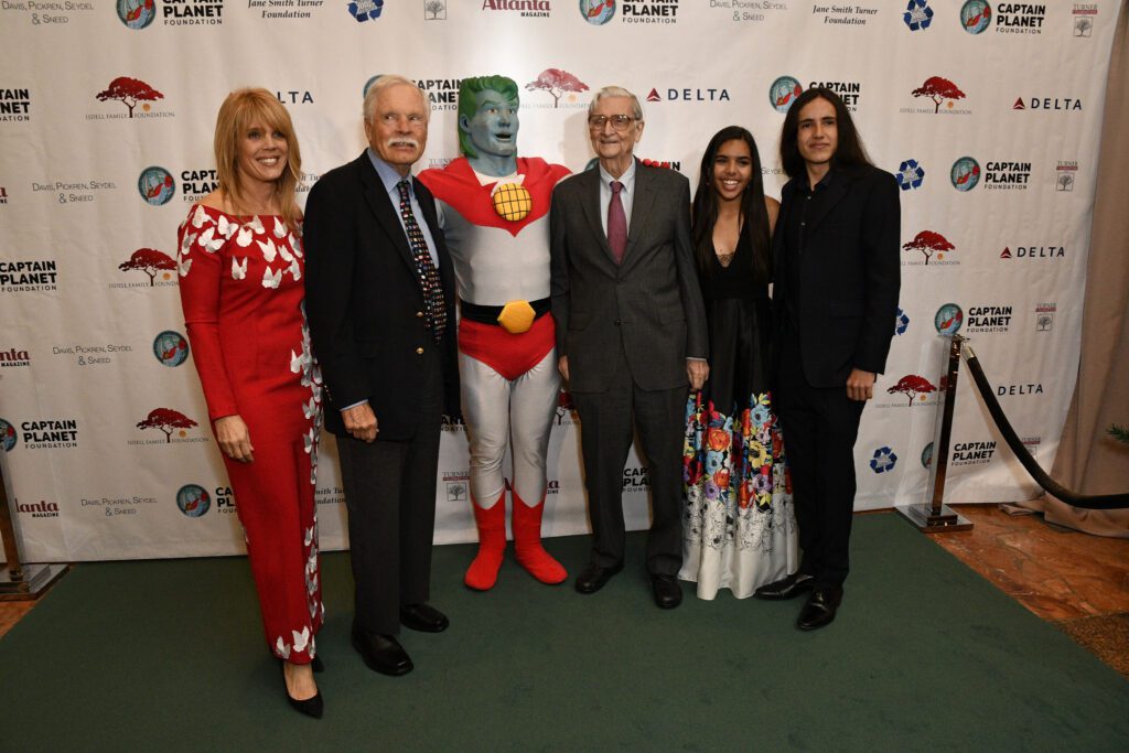 Image of Laura Seydel Turner, Ted Turner, Captain Planet, E.O. Wilson, Hanna Testa and Xiahyezcatl Martinez