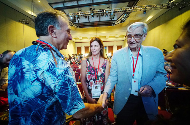 Chairman & CEO of Conservation International Peter Seligmann, E.O. Wilson Biodiversity Foundation President & CEO Paula Ehrlich, and E.O. Wilson. Photo: CORY LUMCIVIL BEAT.