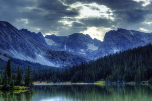 Image of water, trees and mountains.