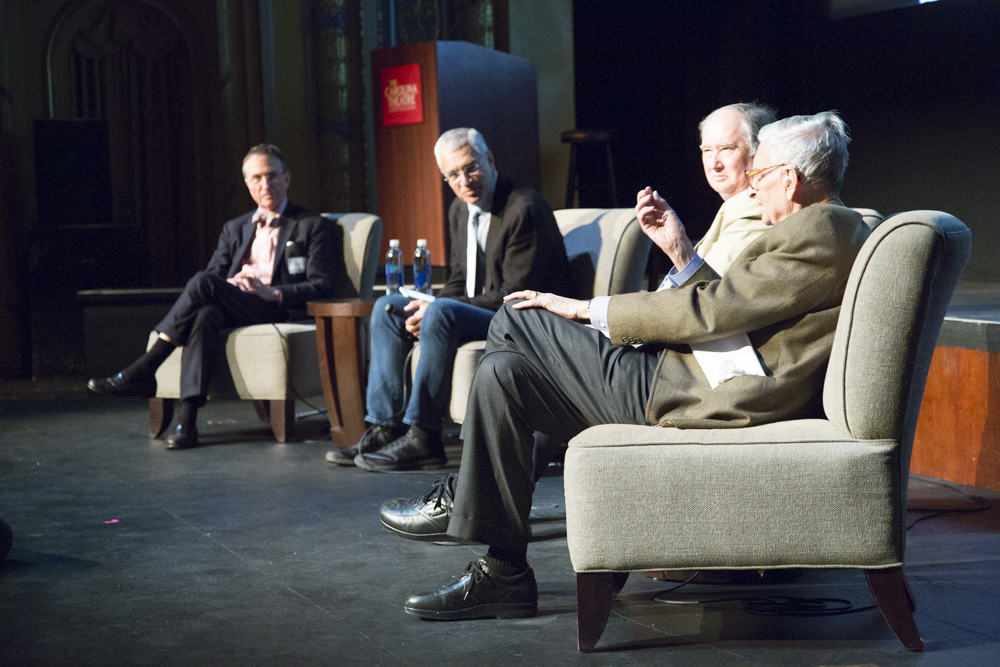 Image of Thomas Lovejoy, Louie Psihoyos, John Seager and Edward O. Wilson on stage.