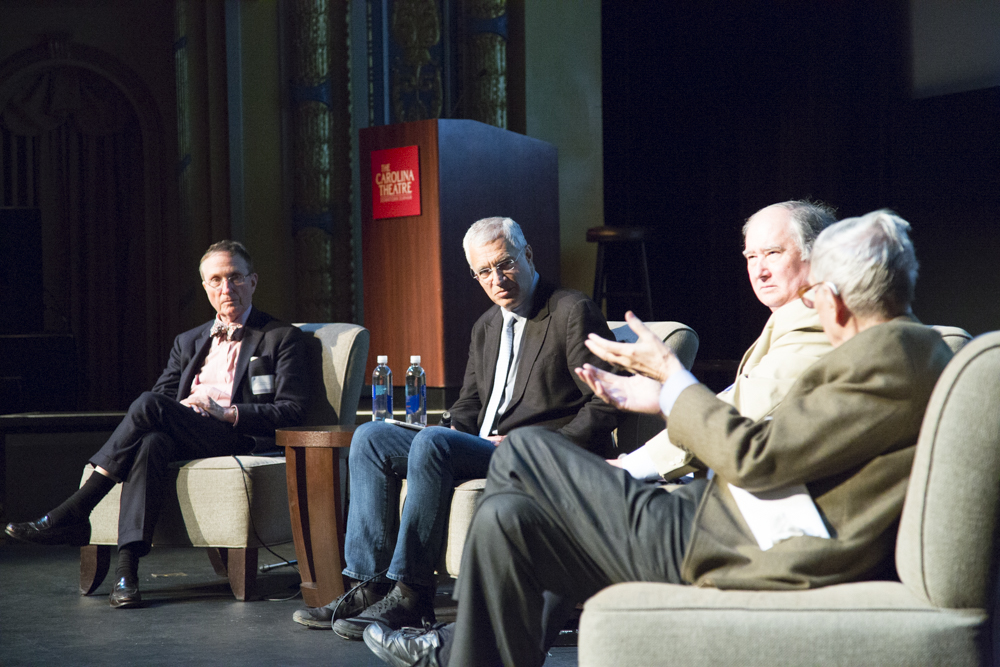 Image of Thomas Lovejoy, Louie Psihoyos, John Seager and Edward O. Wilson on stage.